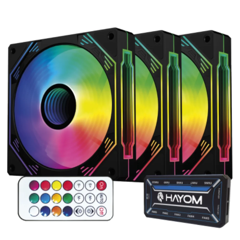 KIT VENTOINHA HAYOM, 3 X 120MM, RGB 6PIN, CONTROLADORA, PRETO, INFINITO, FC1308