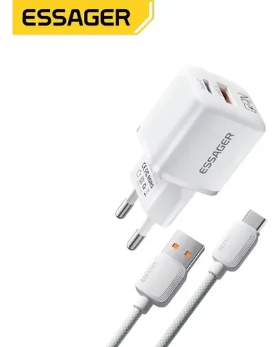 CABO CARREGADOR COM FONTE USB A P/ USB C ESSAGER 20W 1M - BRANCO