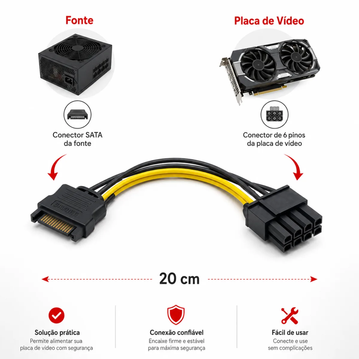 CABO ADAPTADOR DE SATA PARA 8 PINOS 6 + 2 PCIE