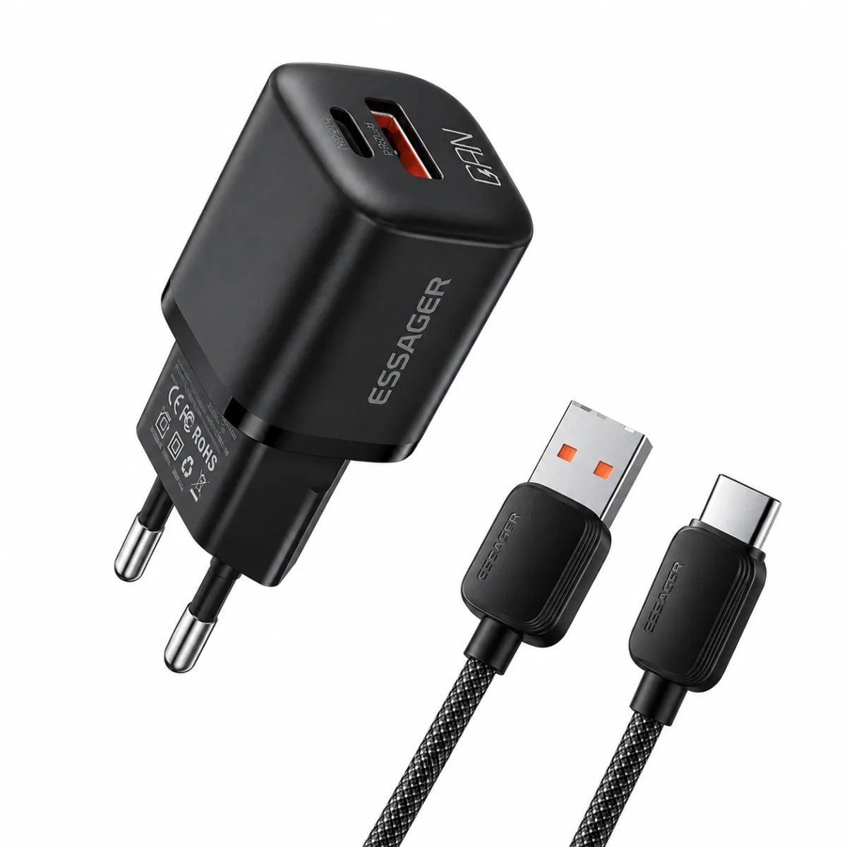 CABO CARREGADOR COM FONTE USB A P/ USB C ESSAGER 20W 1M - PRETO — imagem 1