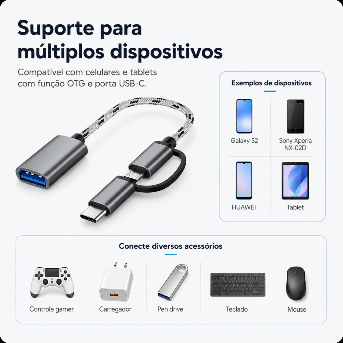 ADAPTADOR CABO OTG USB PARA MICRO USB/TYPE-C