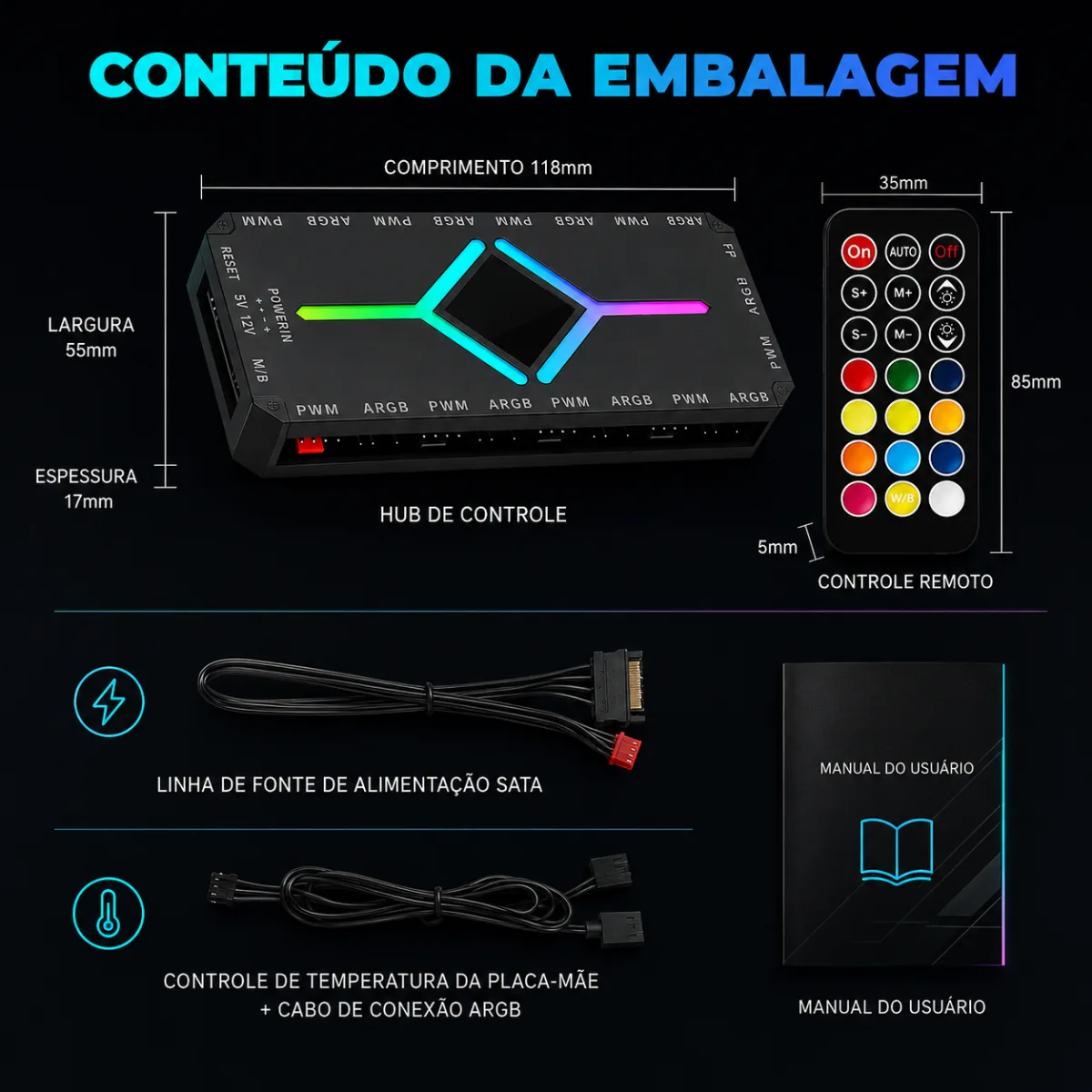 CONTROLADORA 9 PORTAS ARGB, 3 PIN, 5V, COM PWM PRETO