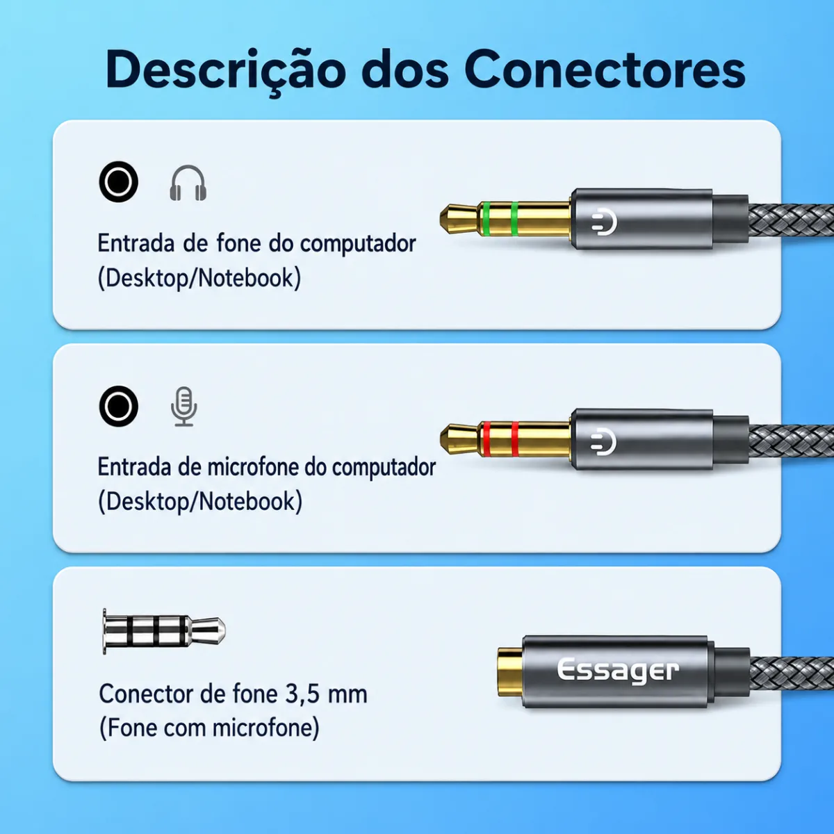 CONVERSOR CABO P3 FÊMEA PARA 2X P2 MACHO ESSAGER - CINZA — imagem 3