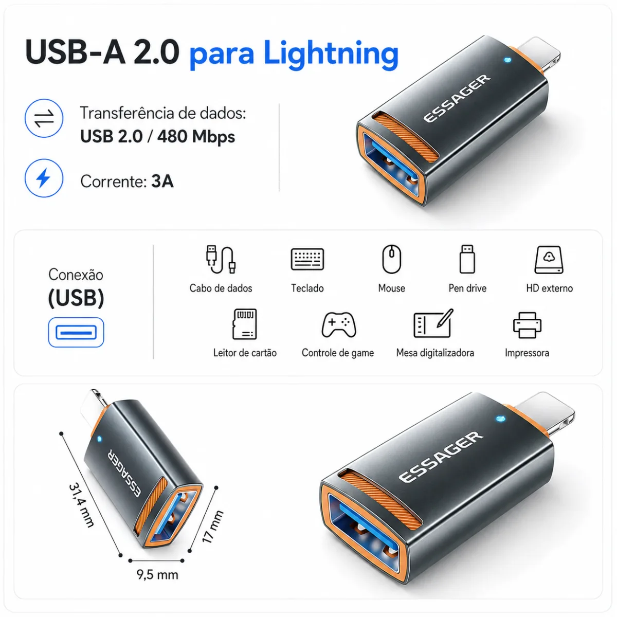 ADAPTADOR OTG USB PARA IOS ESSAGER 