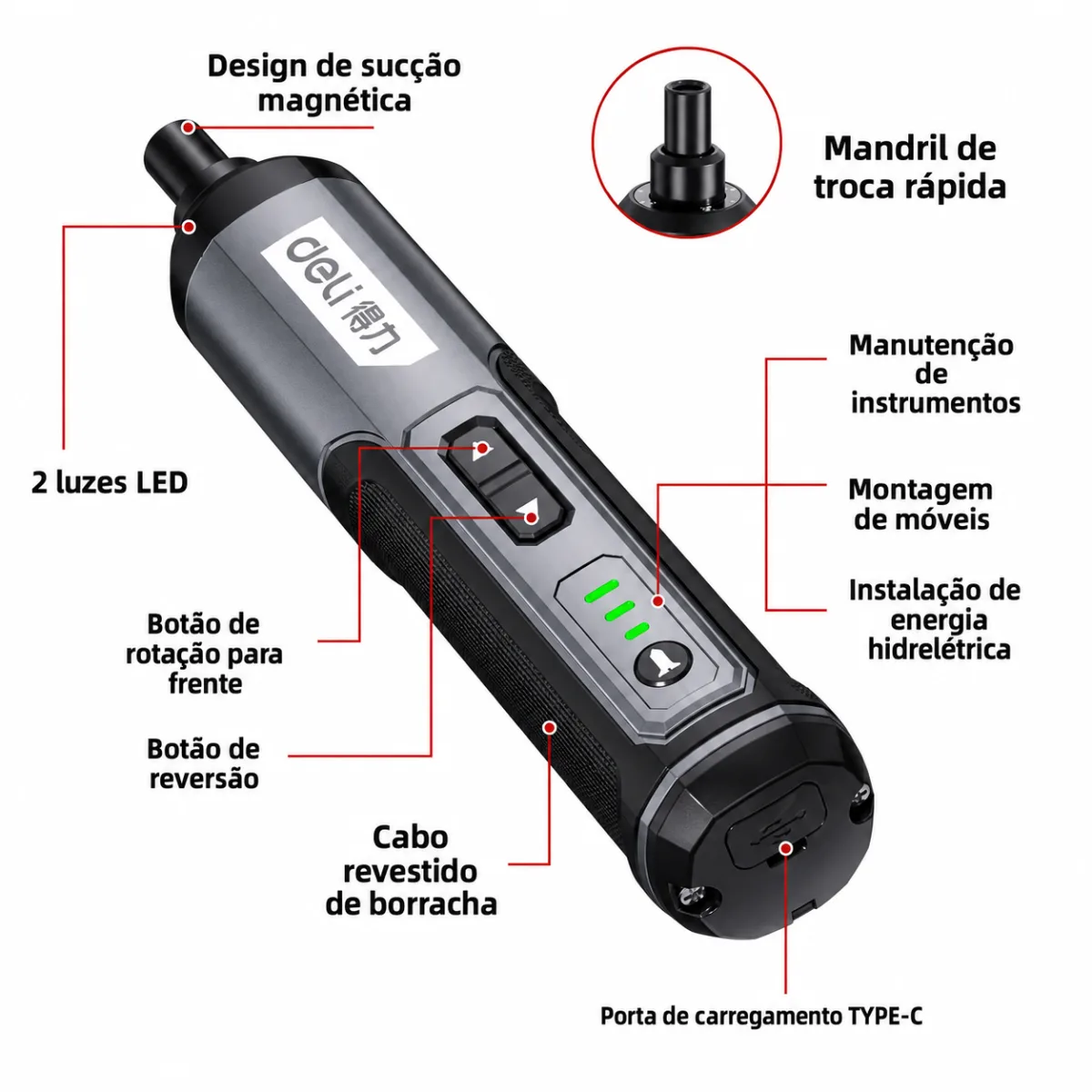 CHAVE DE FENDA ELETRICA DELI DL-DP04-1B2 5N.m