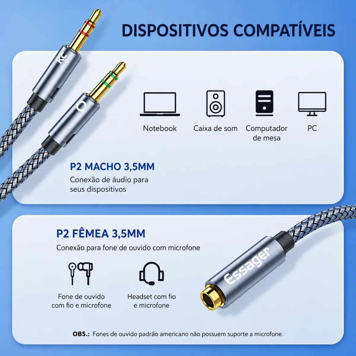 CONVERSOR CABO P3 FÊMEA PARA 2X P2 MACHO ESSAGER - CINZA — imagem 2